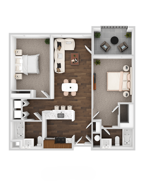 Floor plan for 2 beds, 2 baths, 1000 sqft